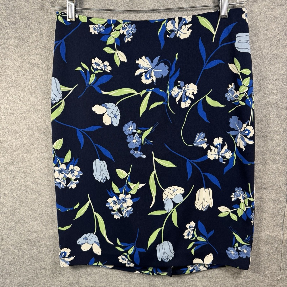 Ann Taylor Floral Pencil Skirt Womens 8 Navy Blue Green White Career Preppy Chic